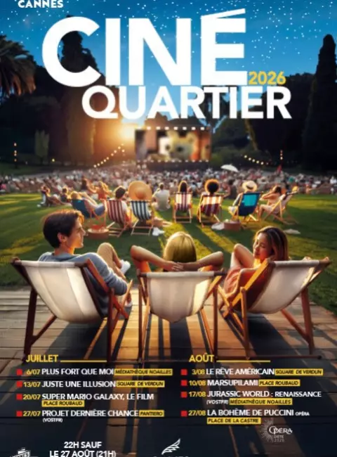 Affiche officielle de Ciné Quartier Cannes 2026, projections gratuites en plein air